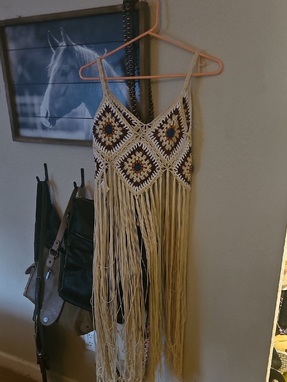 Crochet Fringe Boho Maxi Dress Top - Cream & Brown